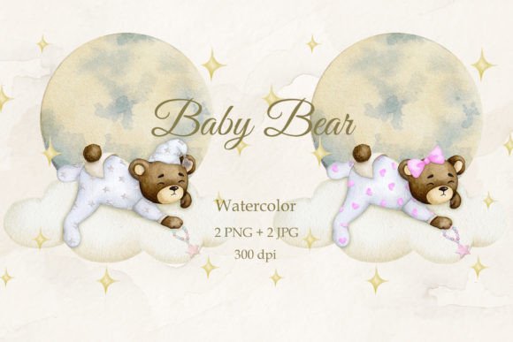 Charming Teddy Bear on a Cloud Watercolor PNG JPG